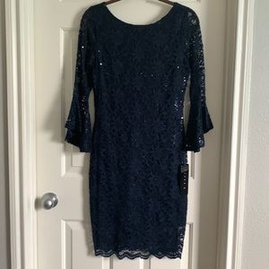 Navy Tiana B Blue Bell Sleeve Lace and Sequin Dress Size 6P